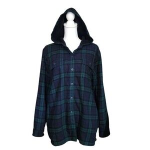 LL Bean Flannel Jacket Button Front Fleece Lined Hood Blue Green Plaid Womens XL